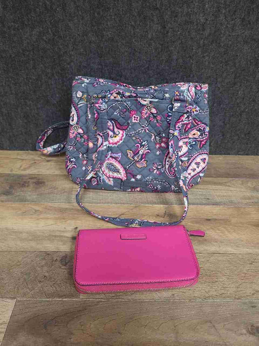 Vera Bradley Grey Paisley Quilted Tote Bag and Pink Zip Around Wallet Lot of 2