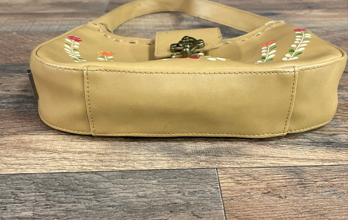 Vintage l.e.i. Tan Floral Embroidered Hobo Shoulder Bag Y2K Boho Brass Clasp