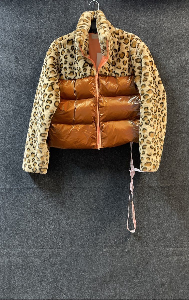 Choosy Women's Copper Leopard Faux Fur Mixed Media Puffer Jacket Sz S
