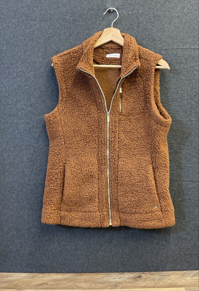 Calvin Klein Women's Brown Fuzzy Sherpa Fleece Full Zip Mock Neck Vest