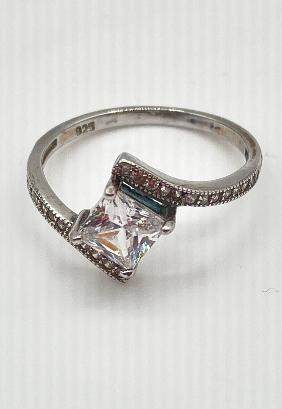 925 Sterling Silver Princess-Cut CZ Half Pavé Bypass Ring 1.9g