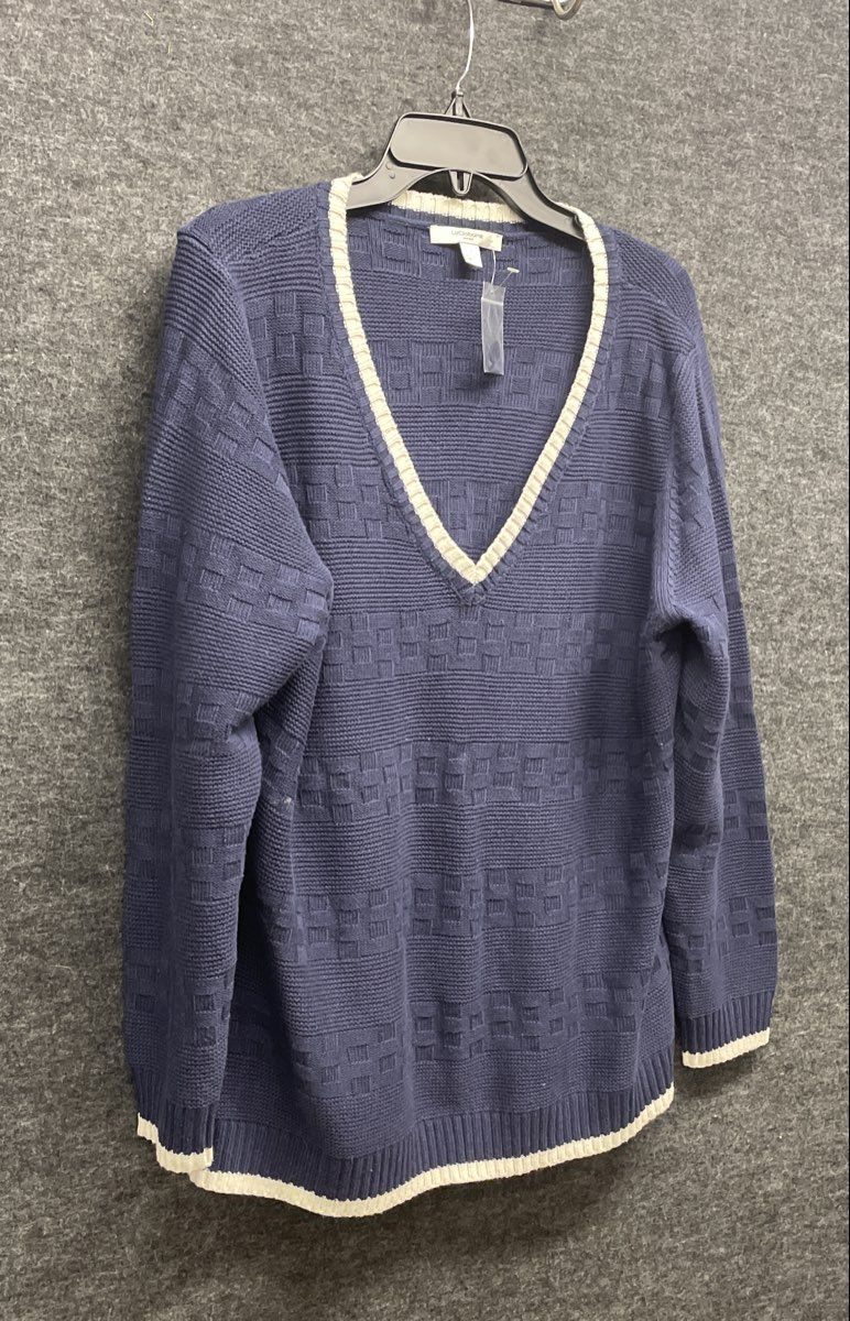 Liz Claiborne Women's V-Neck Sweater Navy Blue Textured Knit White Trim Sz 1X