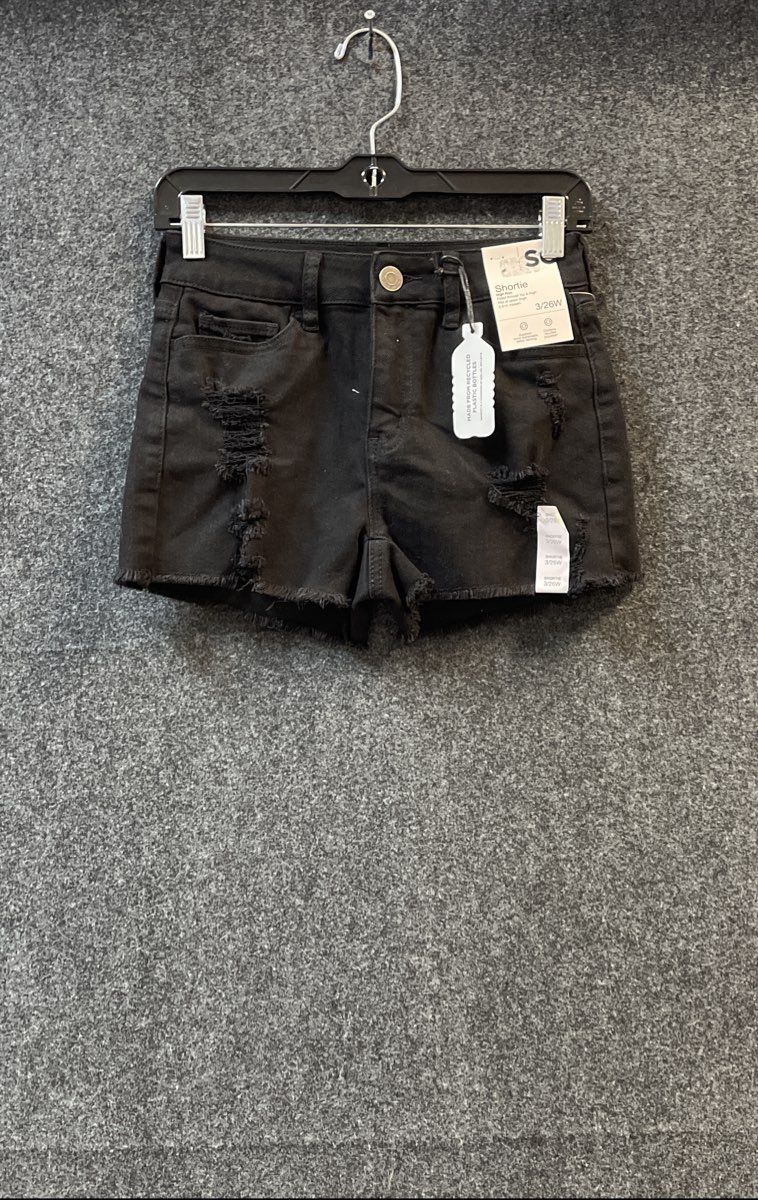 SO Women's High Rise Shortie Distressed Black Denim Shorts Sz 3/26W NWT