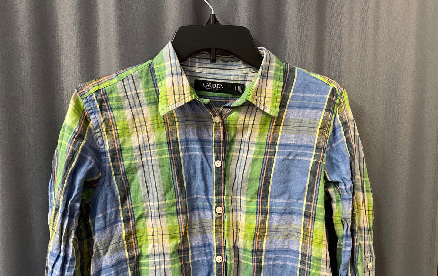 Lauren Ralph Lauren Women's Blue Green Plaid Roll Tab Sleeve Shirt Sz SP