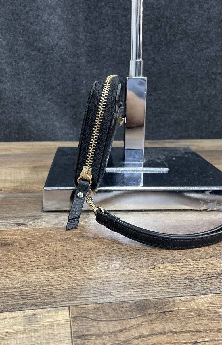 Anne Klein Black Leather Zip Around Wristlet Wallet Gold Tone Bow Accent