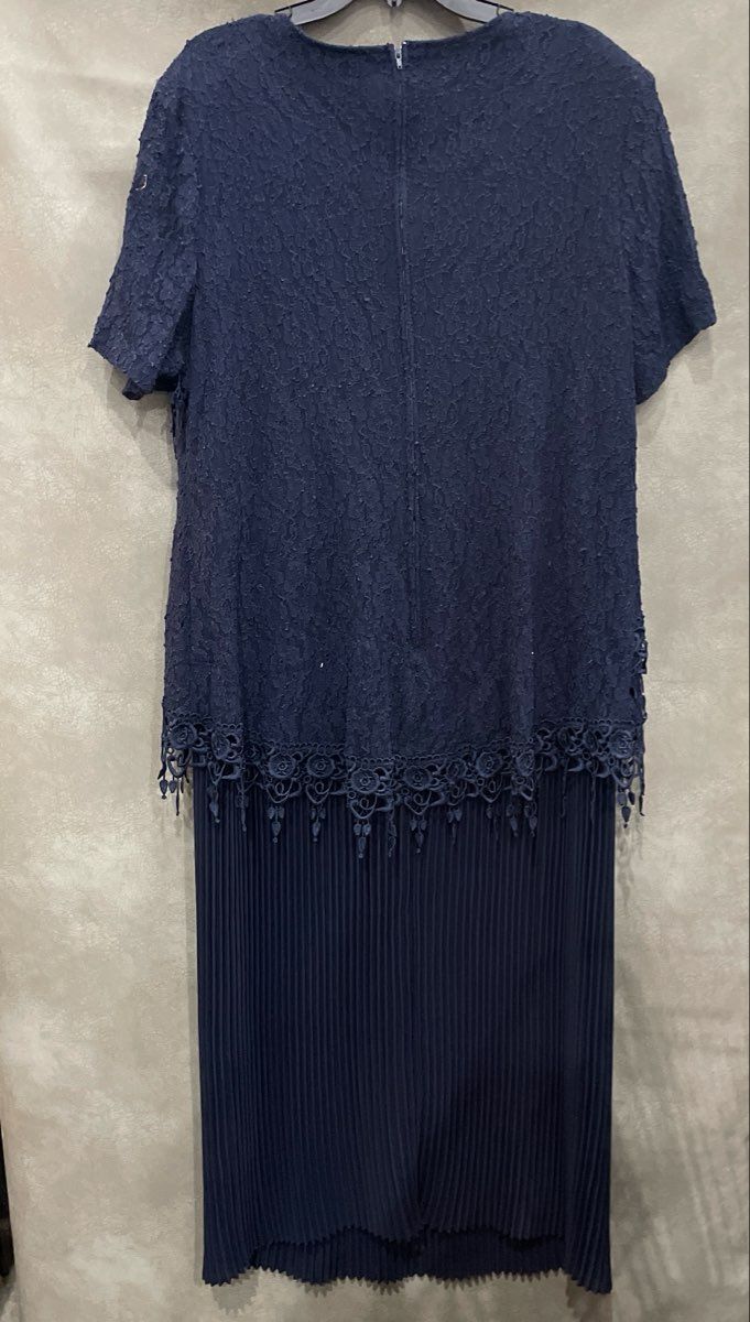 Vintage 90s S.L. Fashions Women's Navy Blue Floral Lace Pleated Dress Sz 24W