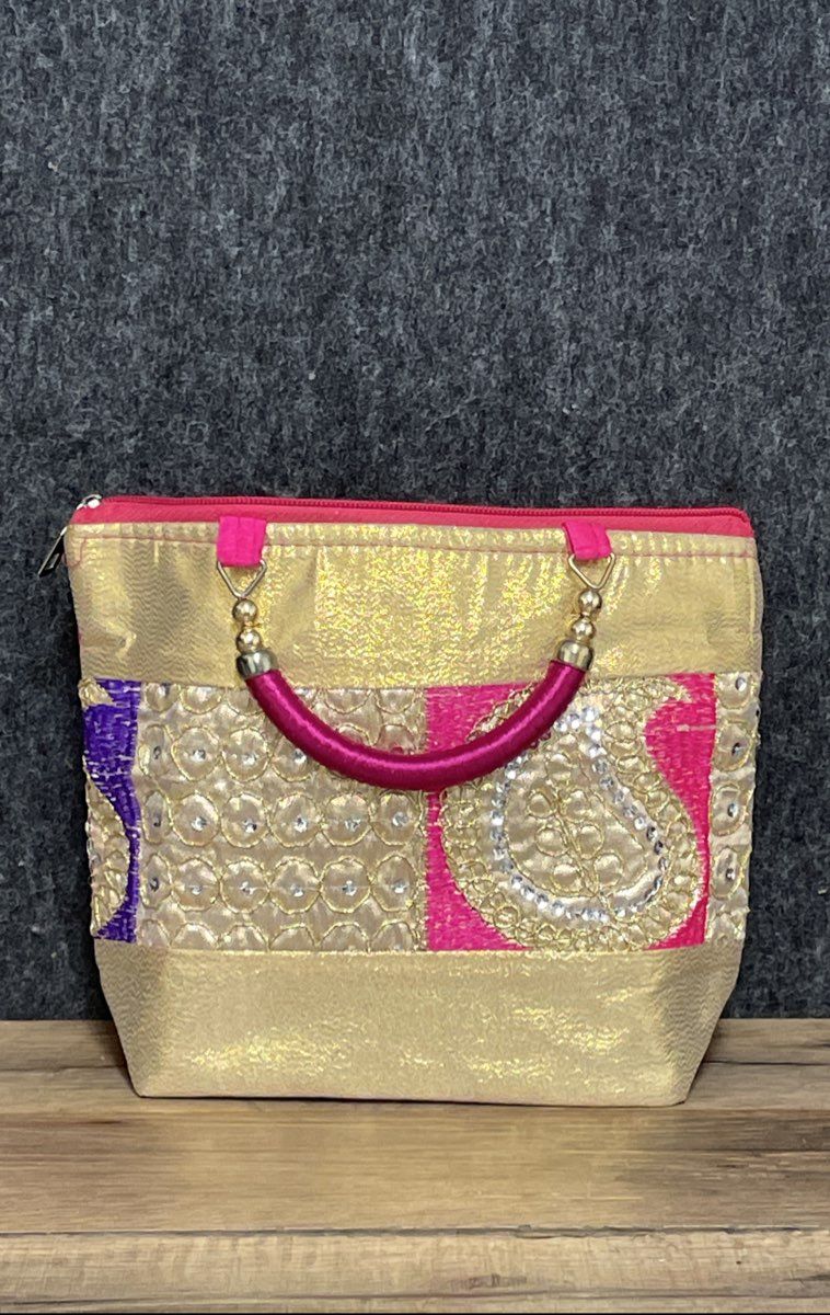 Indian Handcraft Gold Pink Paisley Sequin Embroidered Zipper Pouch Handbag