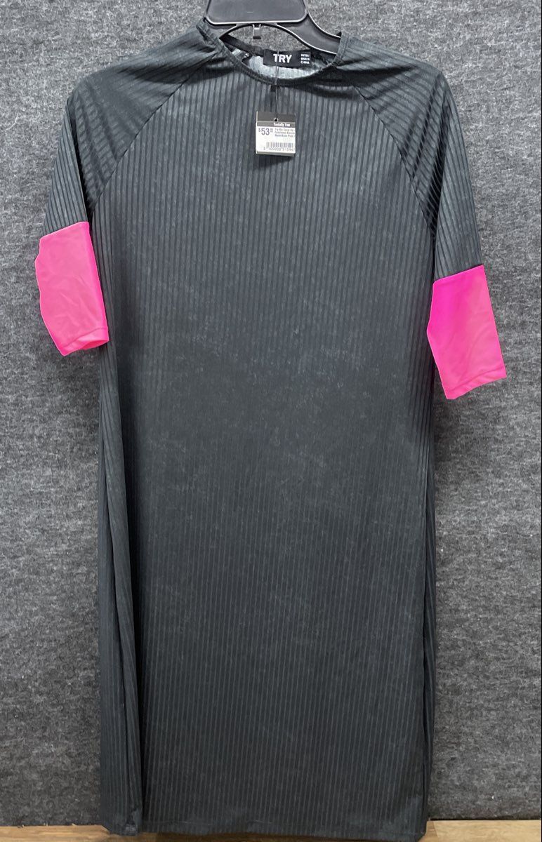 TRY Women's Rib Cover Up Night Gown Black Neon Pink Colorblock Sleeves NWT Sz 20