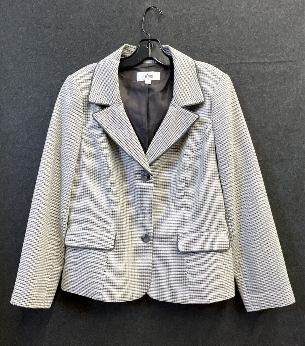 Le Suit Women's Blazer Jacket Black White Houndstooth Piping Trim Sz 14