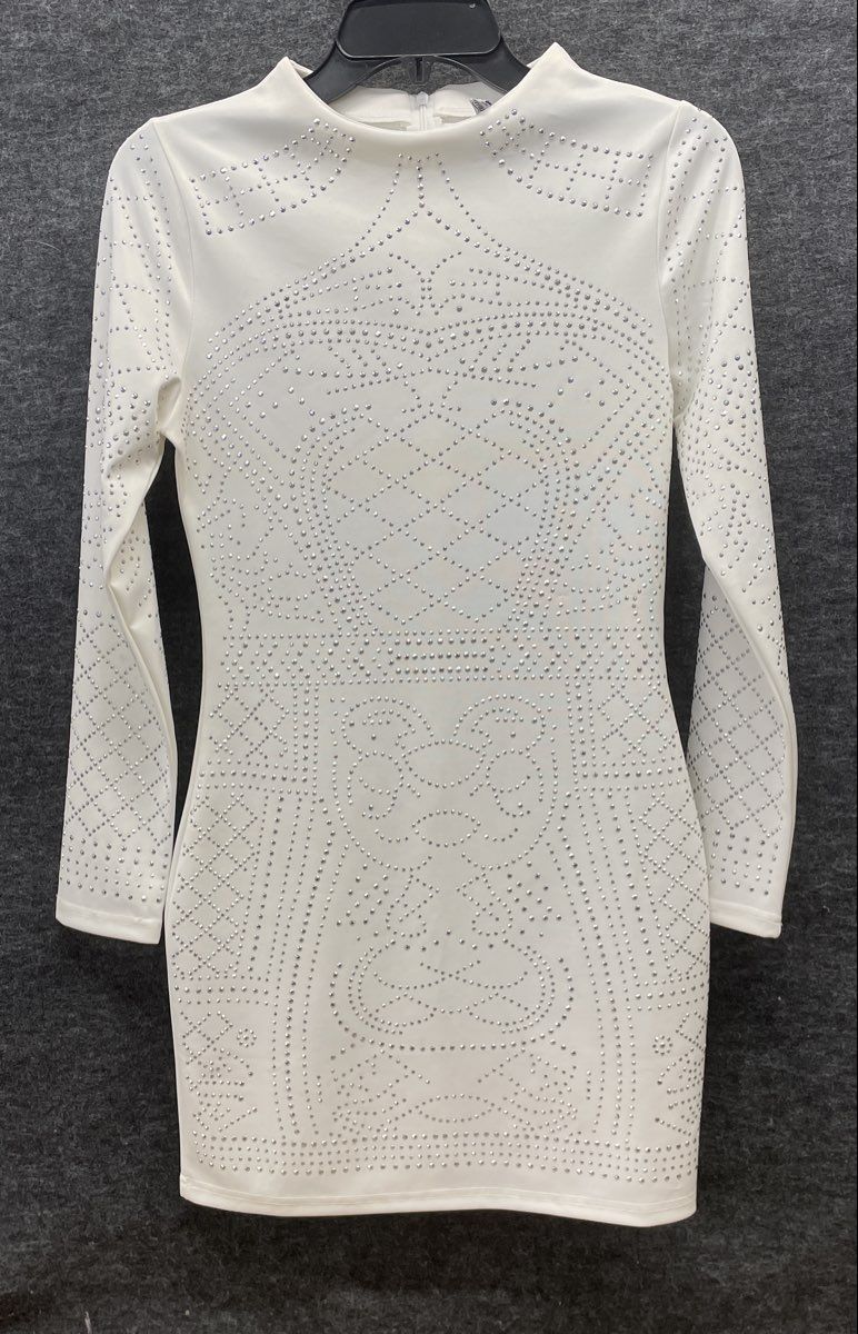 Meor Women's White Long Sleeve Metallic Studded Mock Neck Mini Dress Sz S