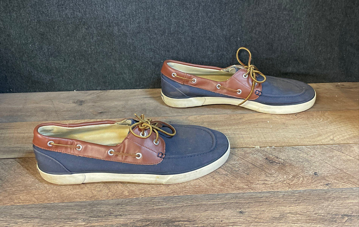 Polo Ralph Lauren Rylander Navy Blue Brown Canvas Boat Shoes Size 14D