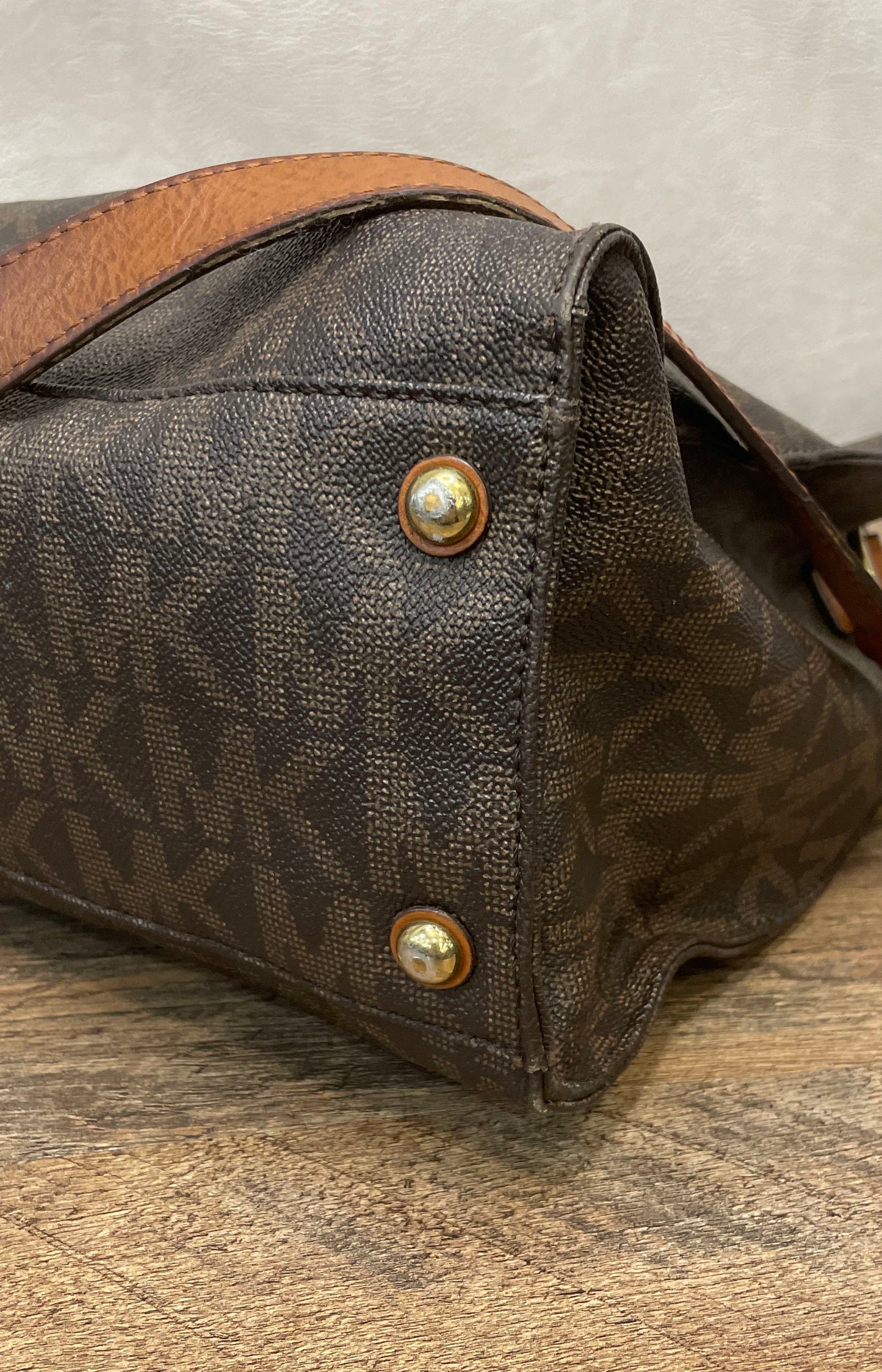 Michael Kors Brown Monogram Signature Canvas Satchel Handbag Gold Hardware