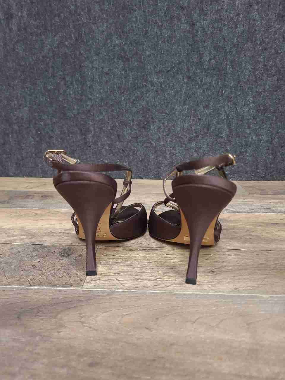 Nina Brown Satin Rhinestone Embellished Strappy Slingback Heels Size 7.5