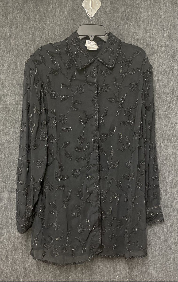 Vintage 90s Brilliante by J.A. Beaded Floral Sheer Blouse Top Sz XL