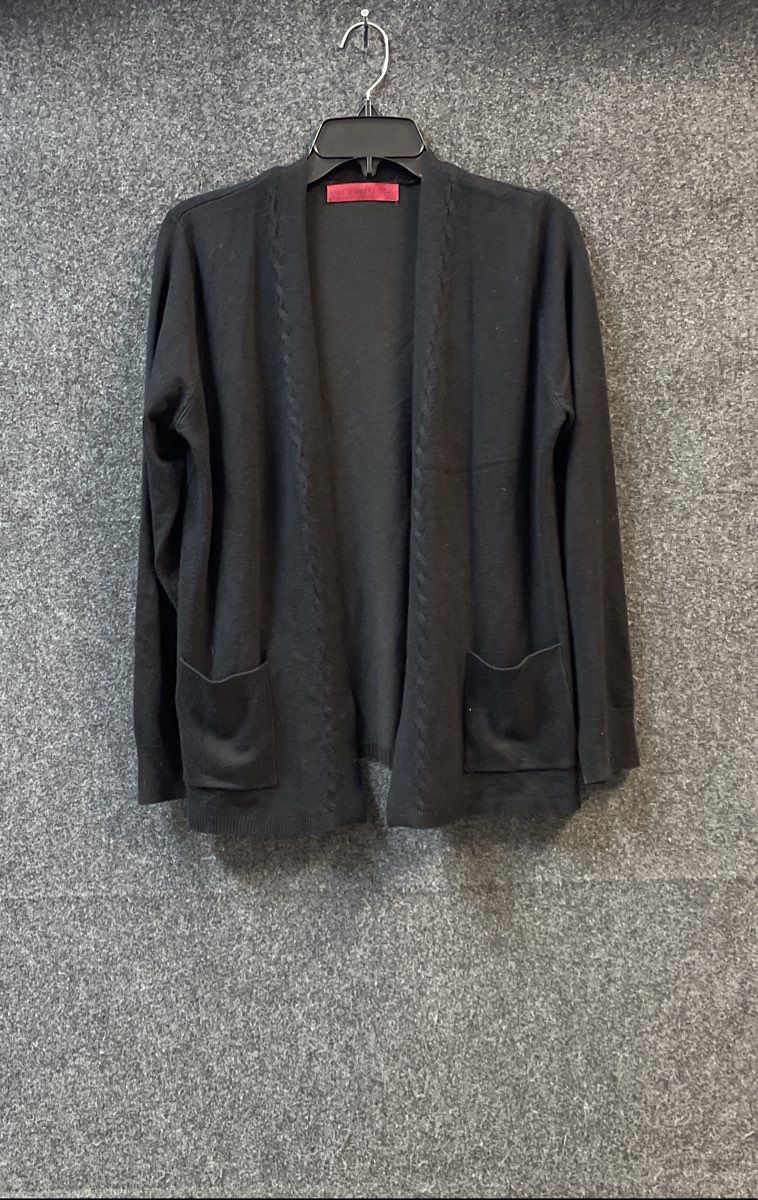 Love Scarlett Women's Open Front Cardigan Black Cable Trim Pockets Sz M