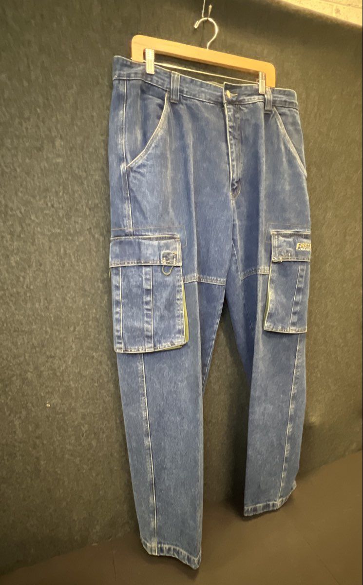 Vintage 90s First Down Men's Blue Baggy Cargo Denim Jeans Multi-Pocket Sz 38x34
