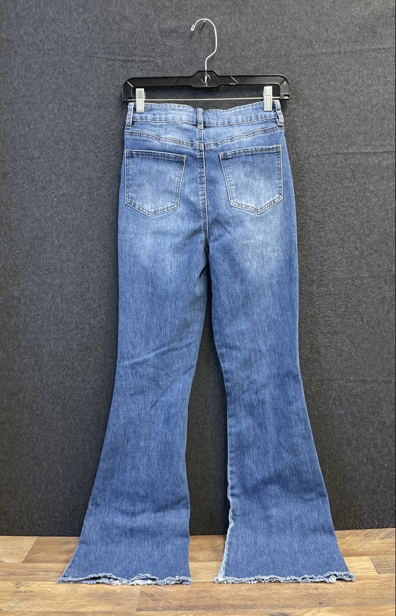 Madden NYC Women's Blue Patchwork Raw Edge Flared Jeans Sz 1