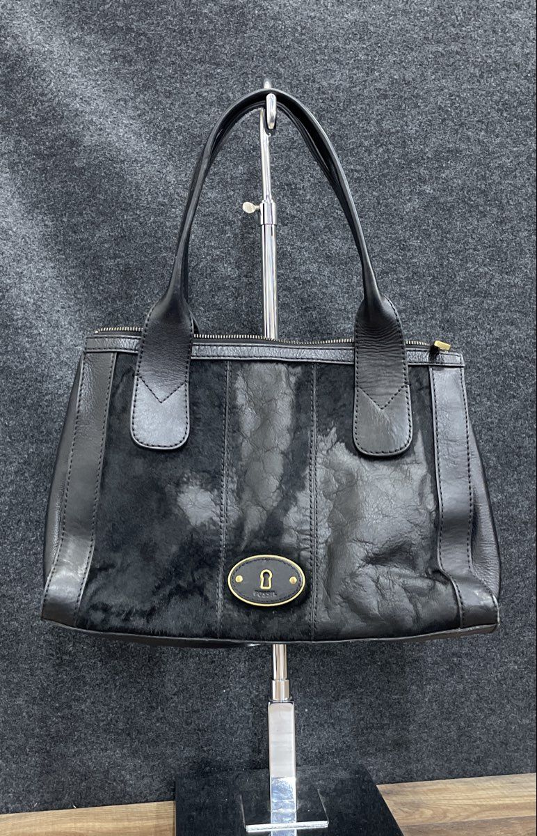 Fossil Black Leather Calf Hair Satchel Purse Gold Hardware Keyhole Plaque