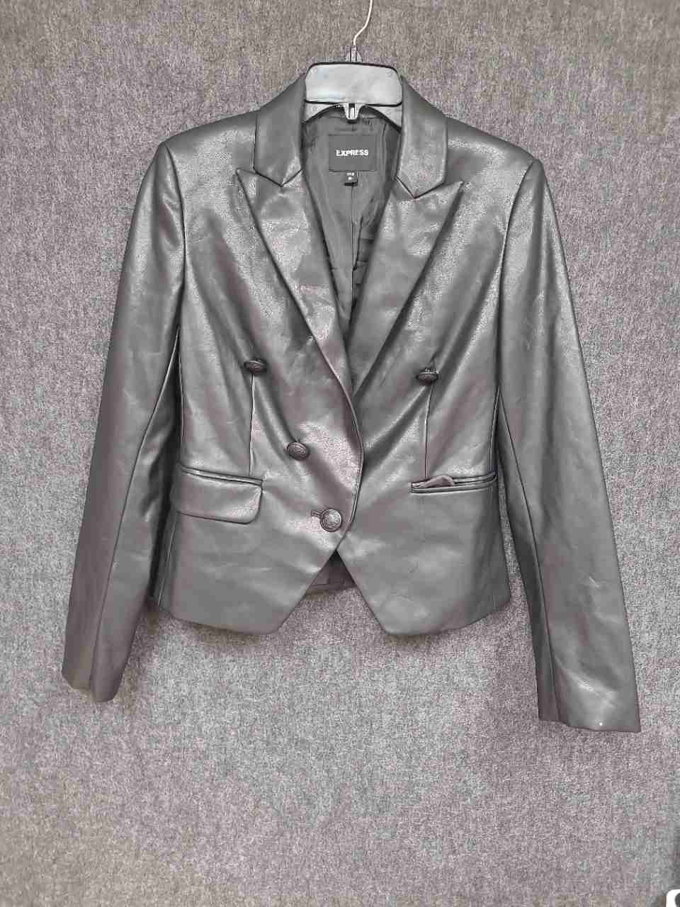 Express Women's Metallic Charcoal Gray Faux Leather Double Breasted Blazer Sz XS