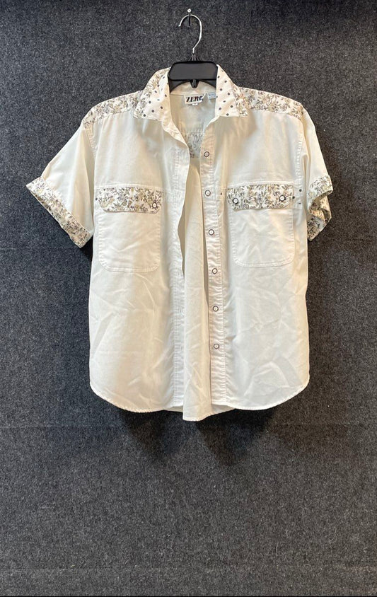 Vintage 90s Zero Sport Women's White Snap Front Floral Polka Dot Shirt Sz M