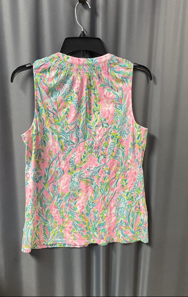Lilly Pulitzer Women's Pink Tropical Floral Sleeveless Henley Cotton Top Sz S