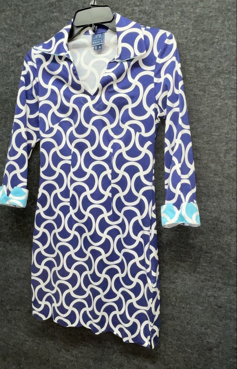 Melly M Women's Navy Blue White Geometric Link Shift Dress Sz 0 Made in USA