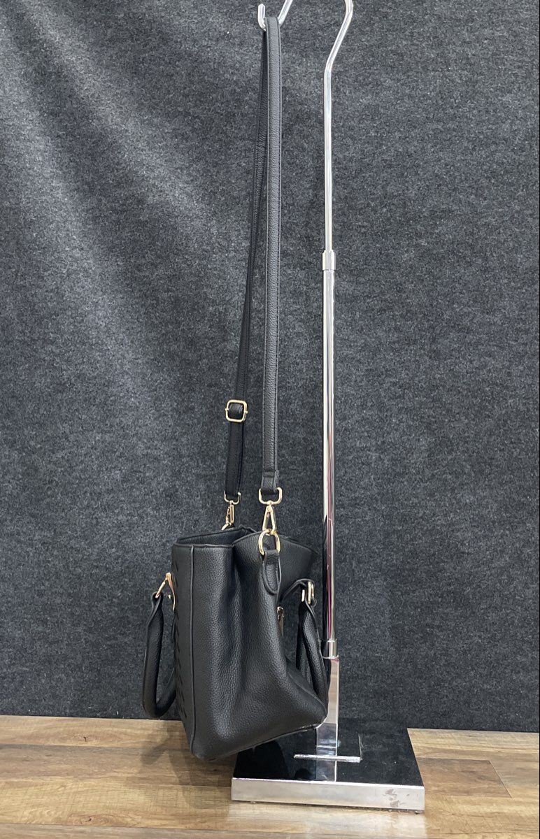 Black Leather Woven Detail Satchel Shoulder Bag Crossbody Gold Hardware