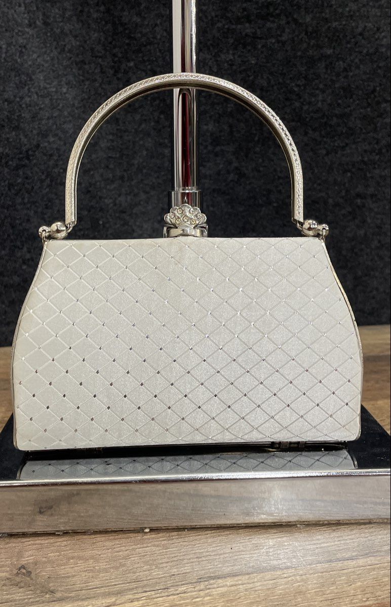 Unbranded White Fabric Quilted Evening Clutch Bag Rhinestone Clasp Greek Key
