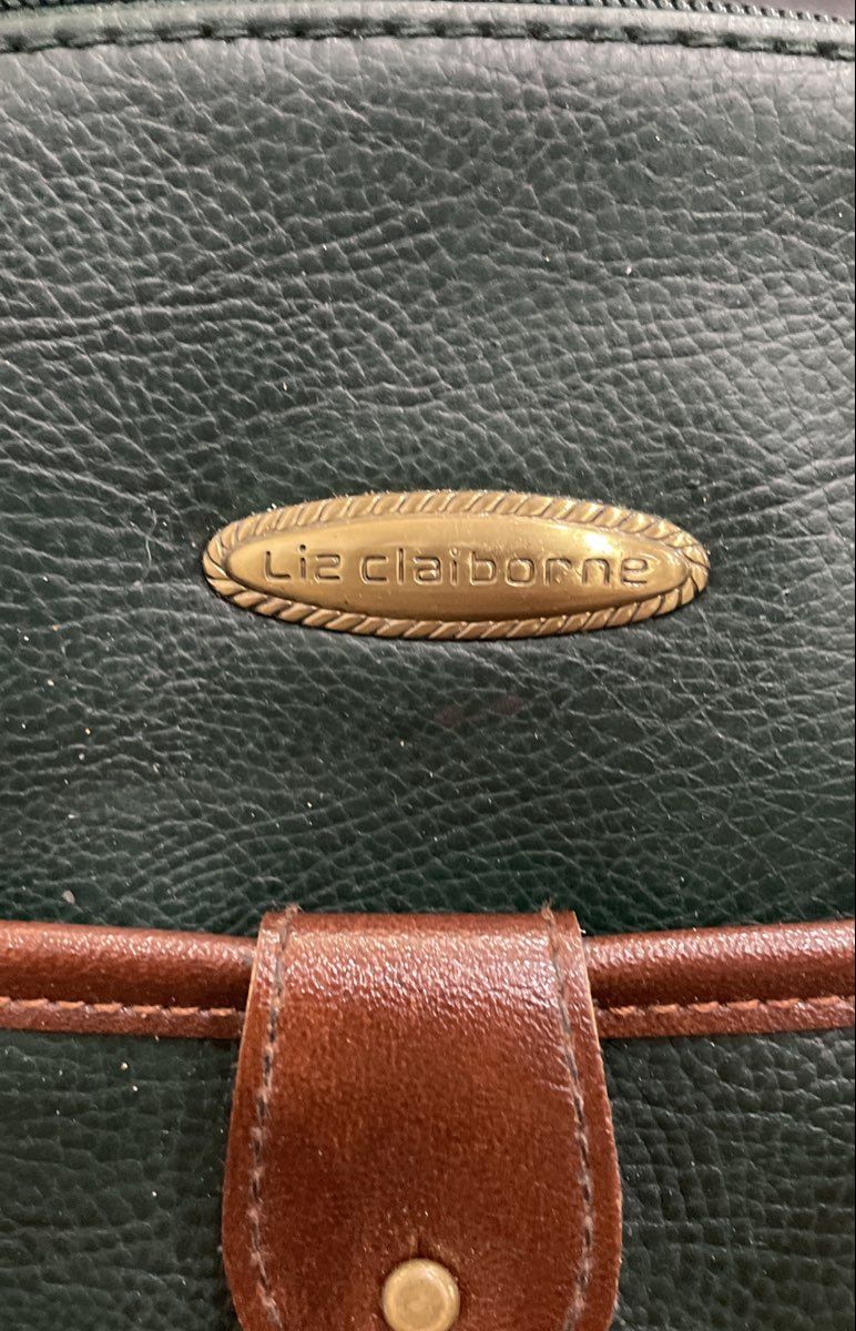 Vintage Liz Claiborne Green Brown Pebbled Leather Dome Satchel Shoulder Bag