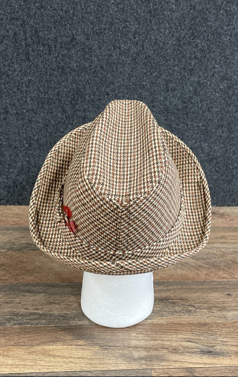 Vintage 70s Champ Men's Brown Houndstooth Fedora Hat Feather Sz 7 1/4