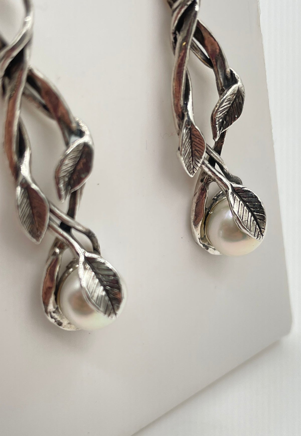 925 Sterling Silver Faux Pearl Twisted Vine Drop Earrings 7.2g