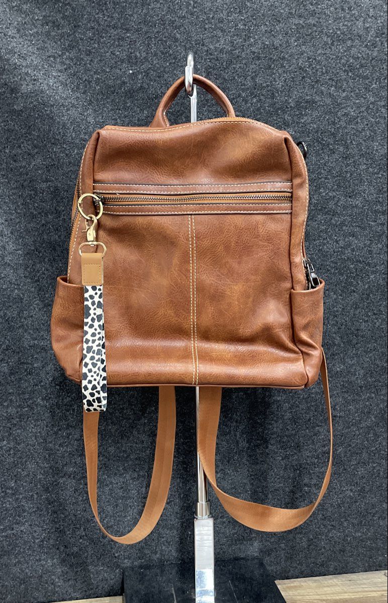 Brown Leather Convertible Backpack Bag Multi Pocket Animal Print Accent