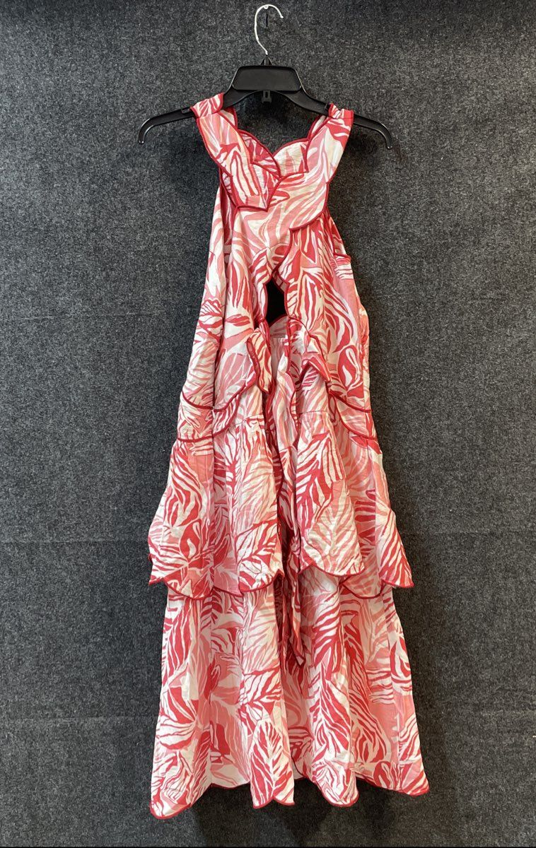 Fate Women's The Paradise Tiered Midi Dress Red White Scalloped NWT Sz L