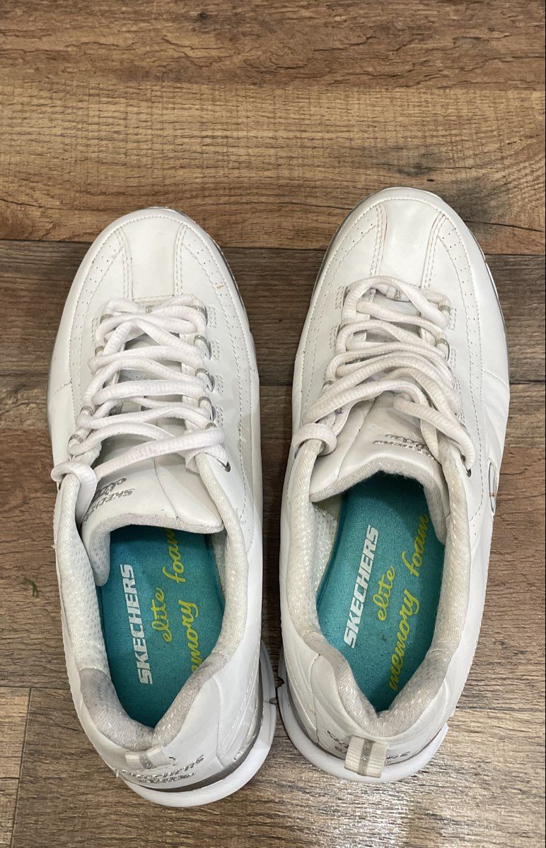 Skechers Flex Elite White Silver Leather Walking Sneakers Women's Size 7.5