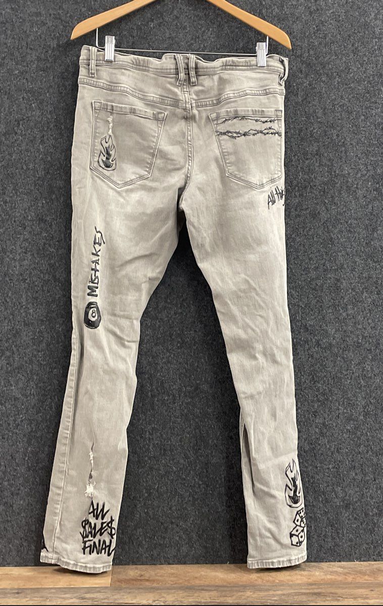 Ninth Hall Men's Rogue Jeans Grey Graffiti Graphic Distressed Skinny Sz 34