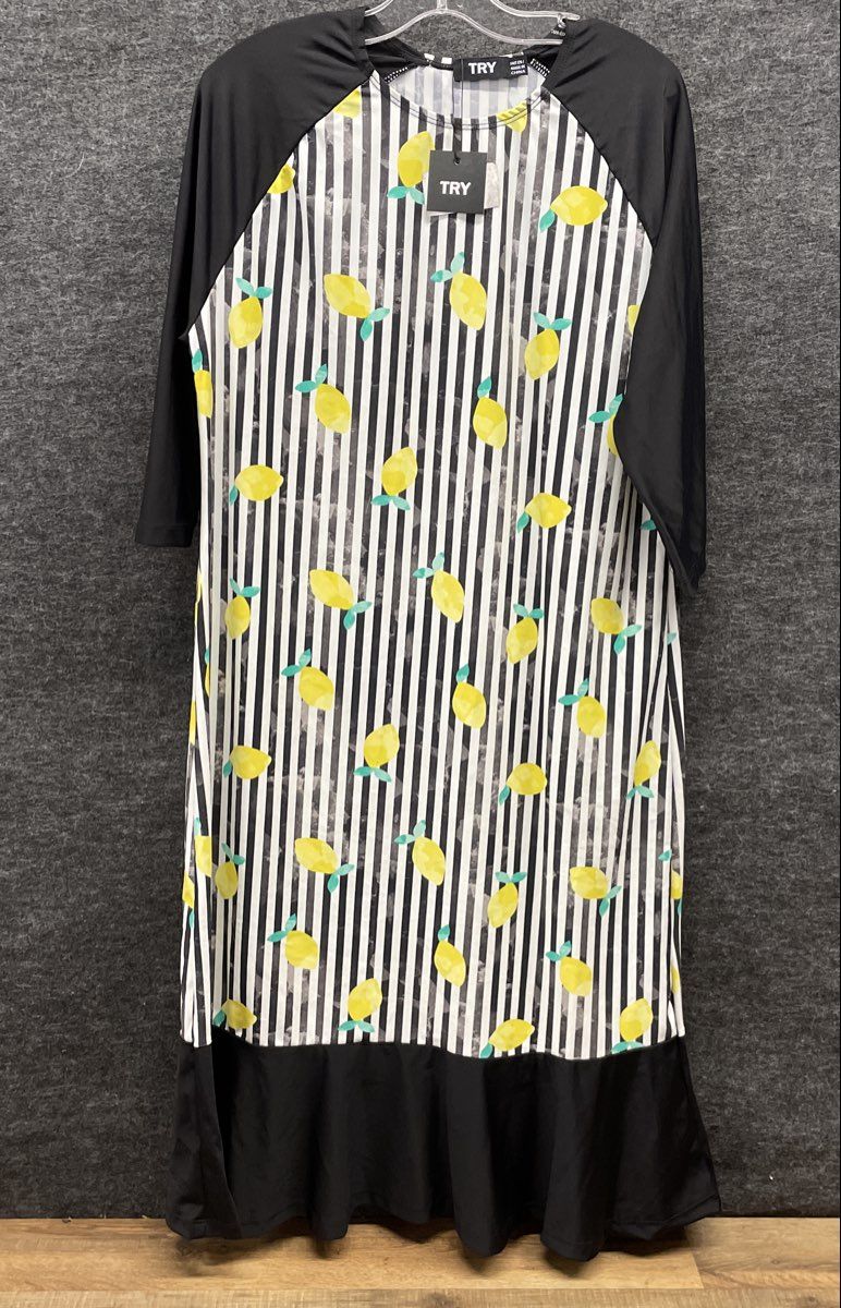 TRY Women's Fruit Print Cover Up Dress White Black Yellow Lemon Ruffled Sz 20