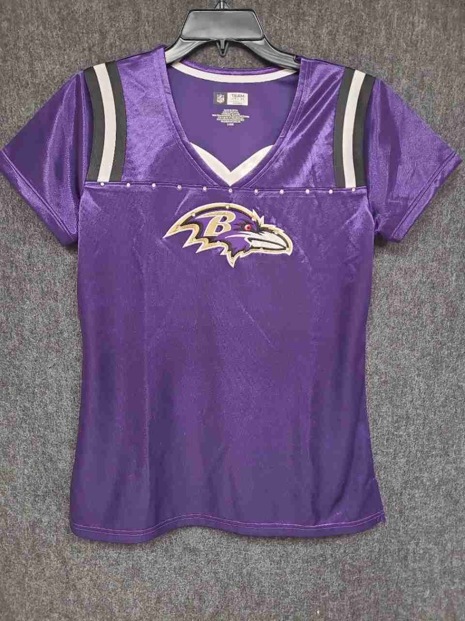 Baltimore Ravens NFL Team Apparel Women's V-Neck Jersey Top Rhinestones Sz L