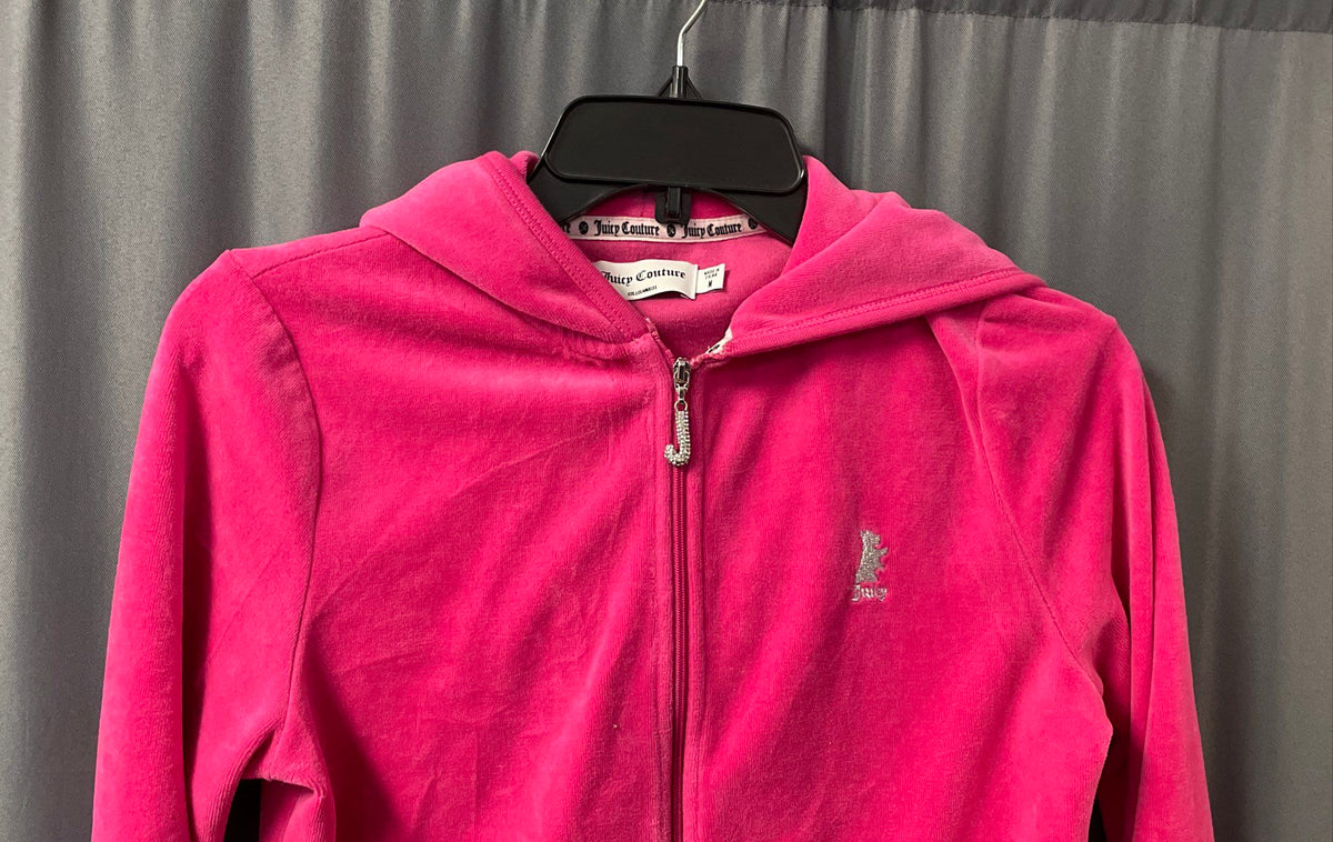 Juicy Couture Women's Pink Velour Zip-Up Hoodie Glitter Back Graphic Sz M