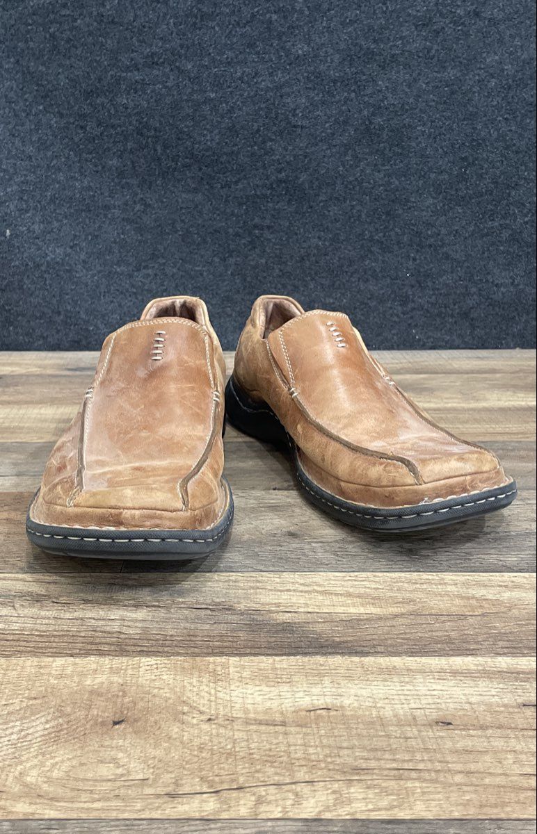 Clarks 78194 Tan Leather Square Toe Slip On Loafers Moc Toe Men's Size 13 M