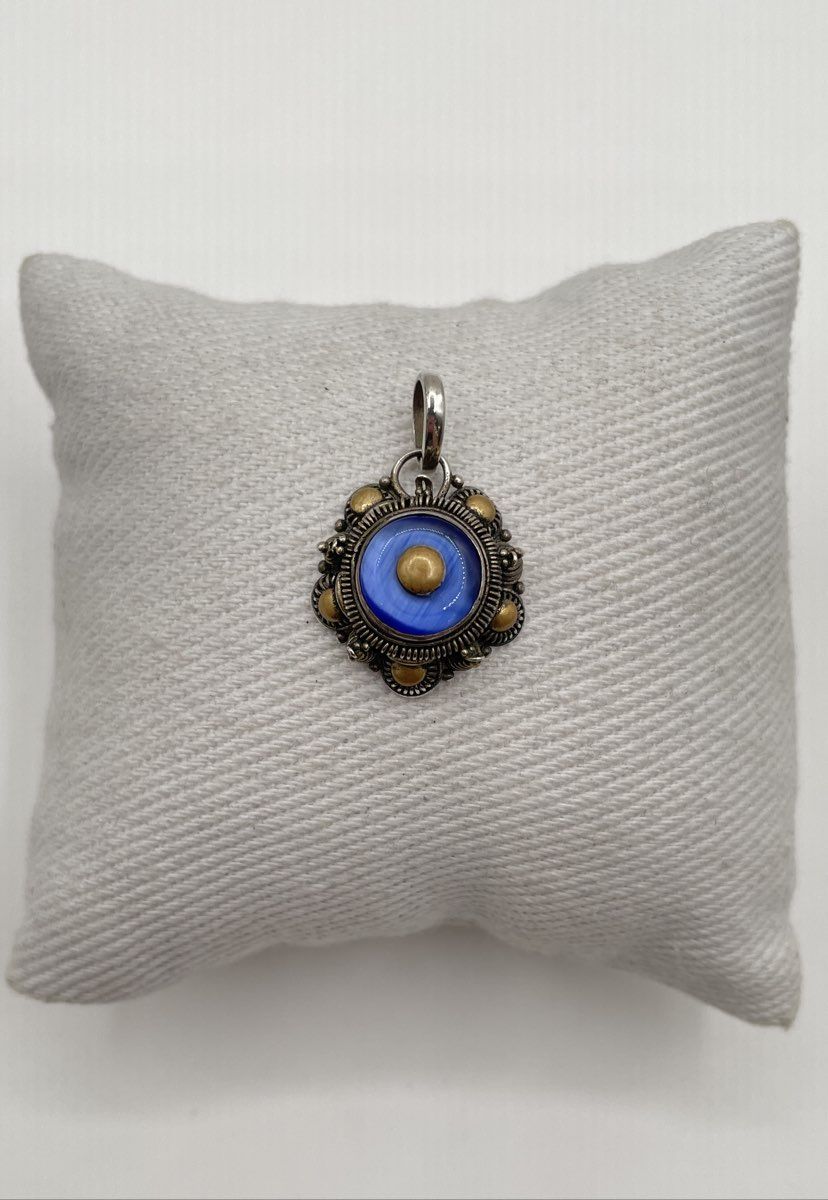 Two-Tone 925 Sterling Silver Blue Cat's Eye Glass Stone Wirework Pendant 3.5g