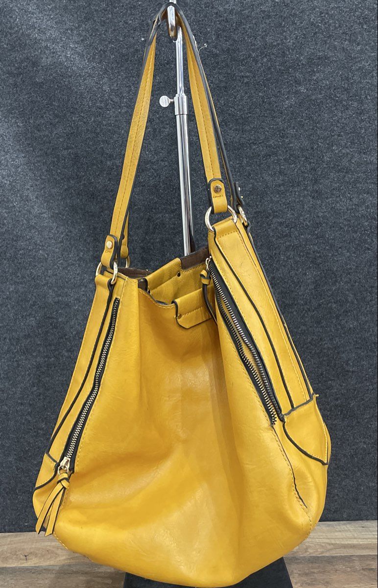Yellow Leather Hobo Shoulder Bag Gold Tone Zipper Accents Large Tote