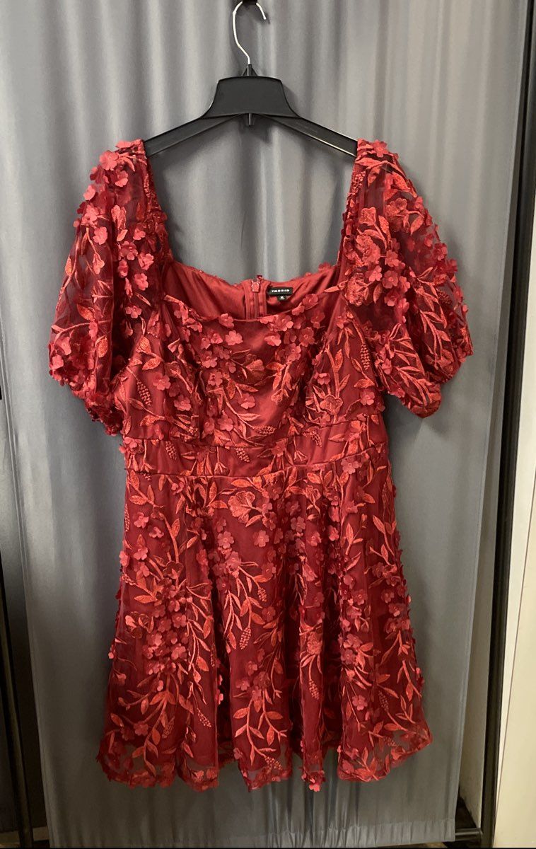 Torrid Women's Red 3D Floral Applique Mesh Puff Sleeve Party Dress Sz 18