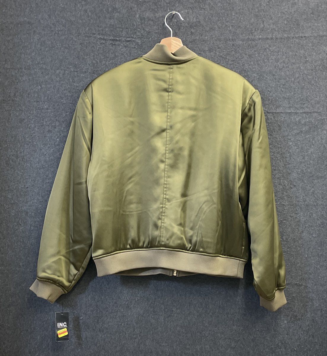 INC International Concepts Women's Olive Green Satin Bomber Jacket NWT Size L