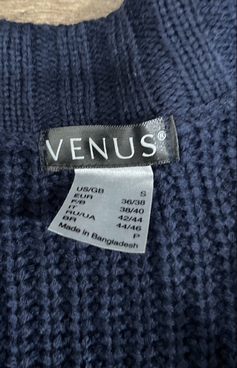 Venus Women's Navy Blue Mock Neck Ribbed Knit Gold Button Shoulder Sweater Sz S