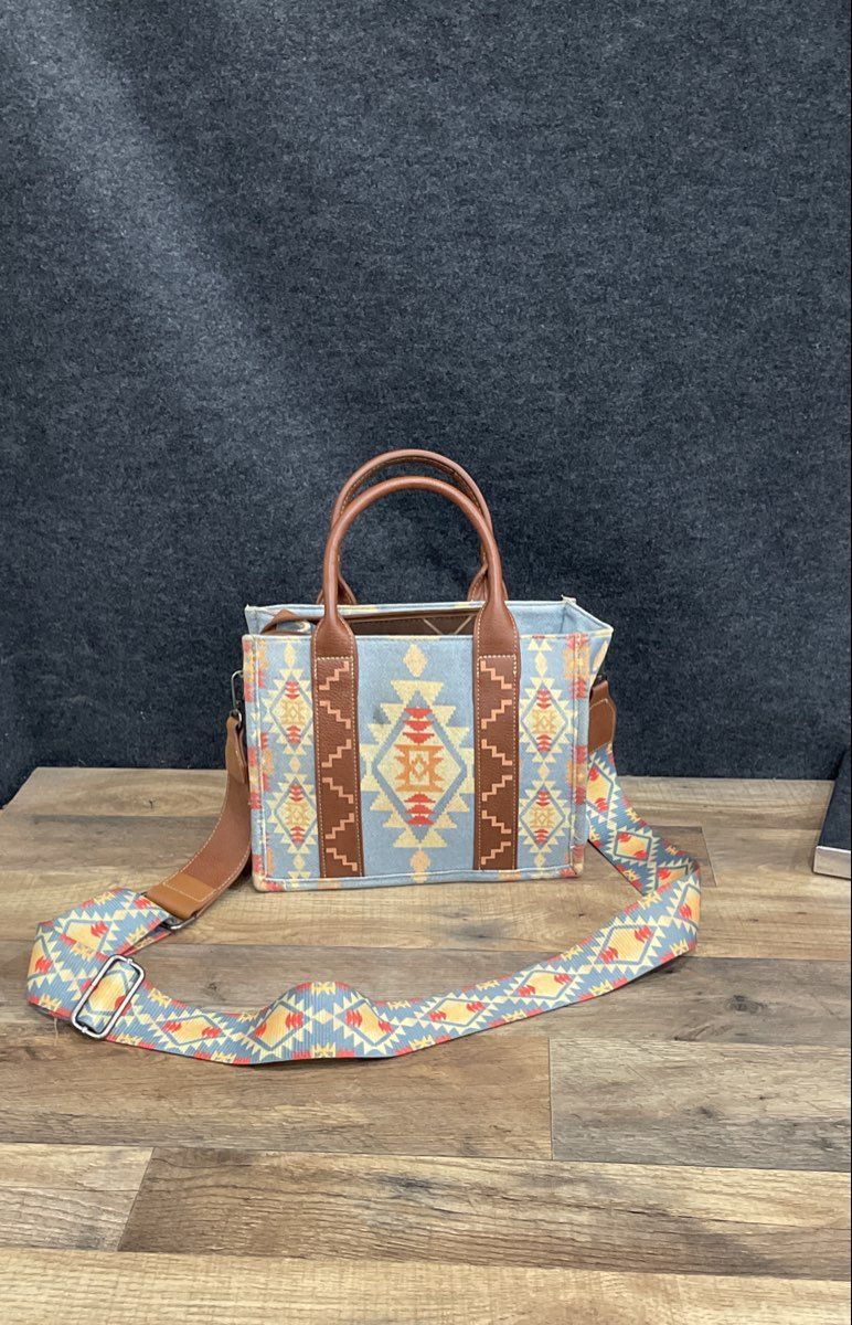 Wrangler Aztec Southwestern Canvas Tote Bag Crossbody Blue Guitar Strap