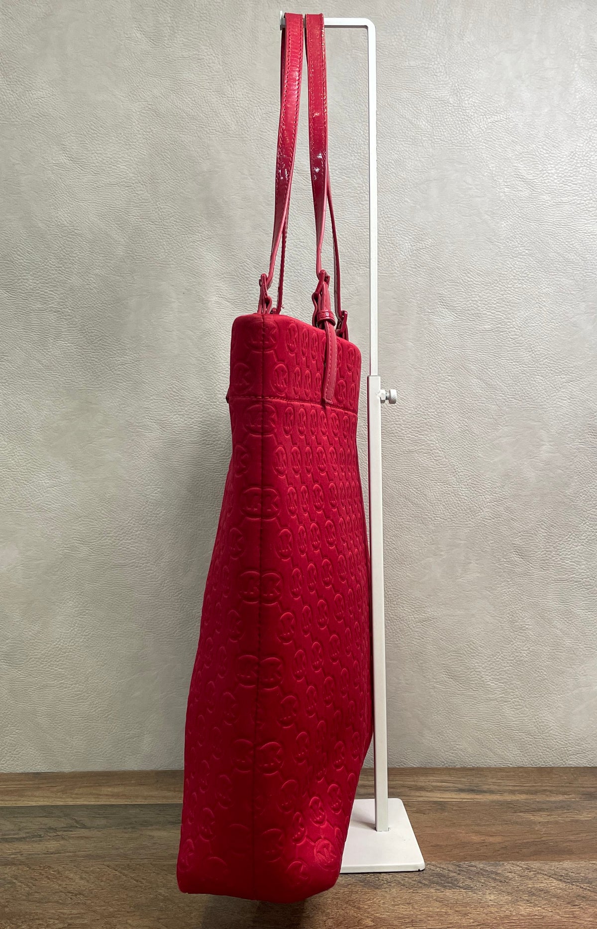 Michael Kors Red Embossed Neoprene MK Logo Tote Bag Patent Trim