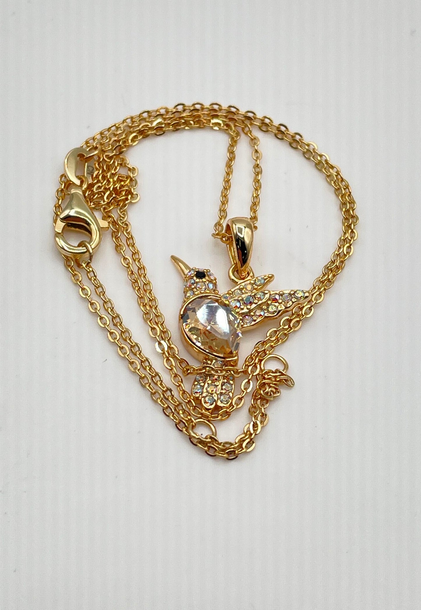 925 Sterling Silver Gold-Tone w/ CZ Accents Hummingbird Pendant Necklace 3.2g