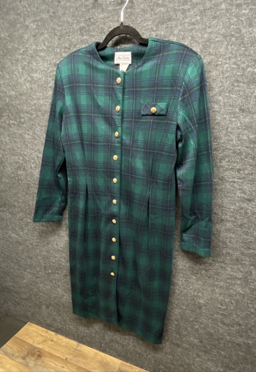 Miss Dorby Vintage 80s Green Navy Tartan Plaid Button Dress