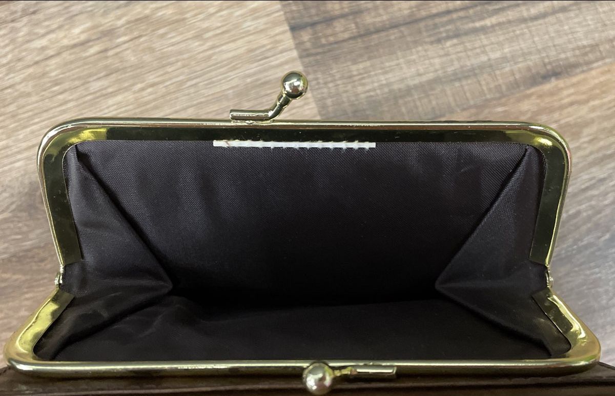 Vintage 80s Brown Leather Tri-Fold Wallet Kiss Lock Coin Purse Gold Hardware