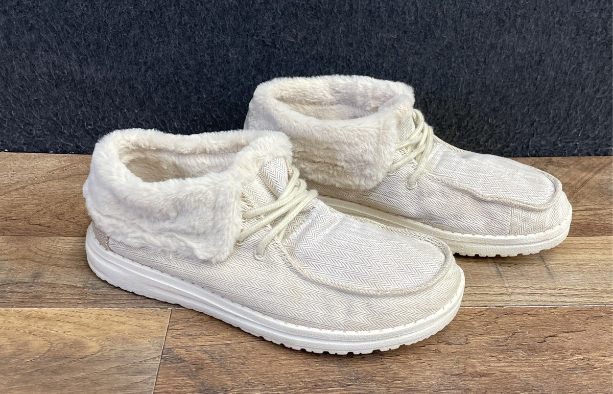 Hey Dude Britt Herringbone Cream Faux Fur Lined Slip On Booties Women's Size 6